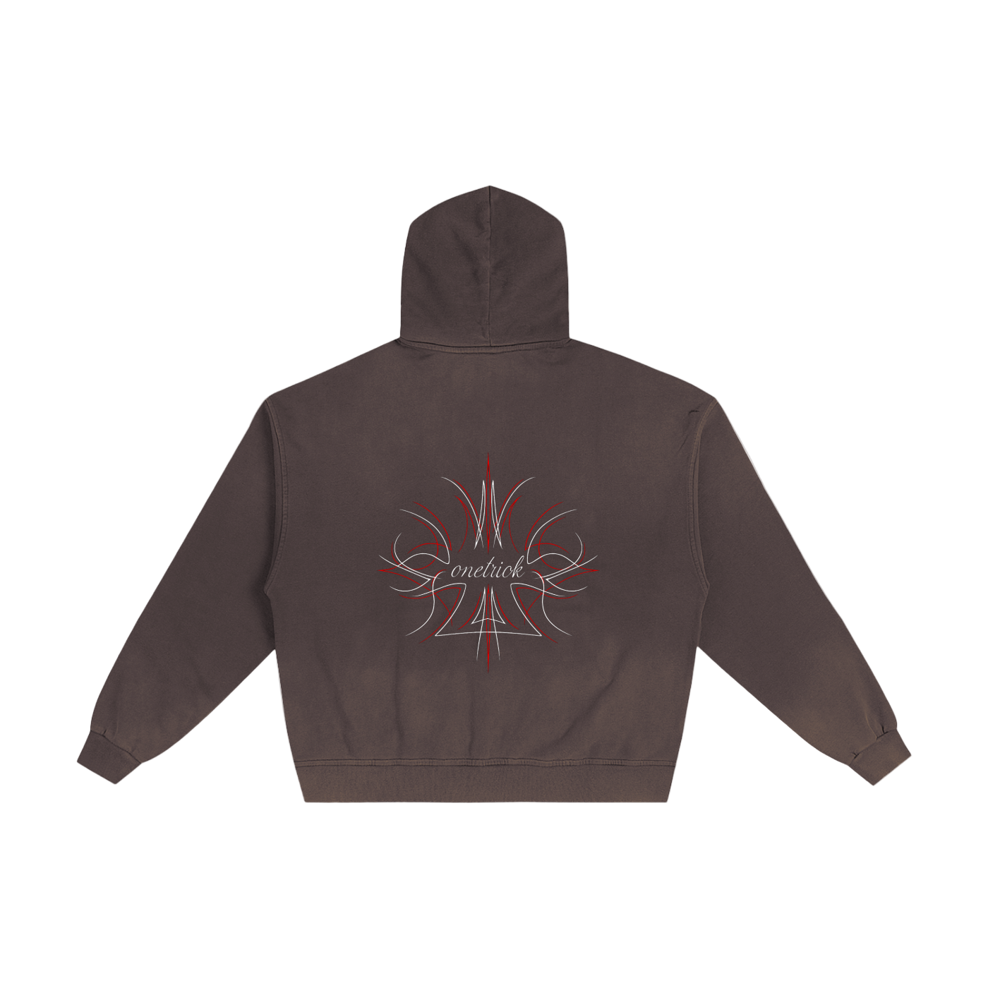 Brown hoodie with a design on the back against a white background