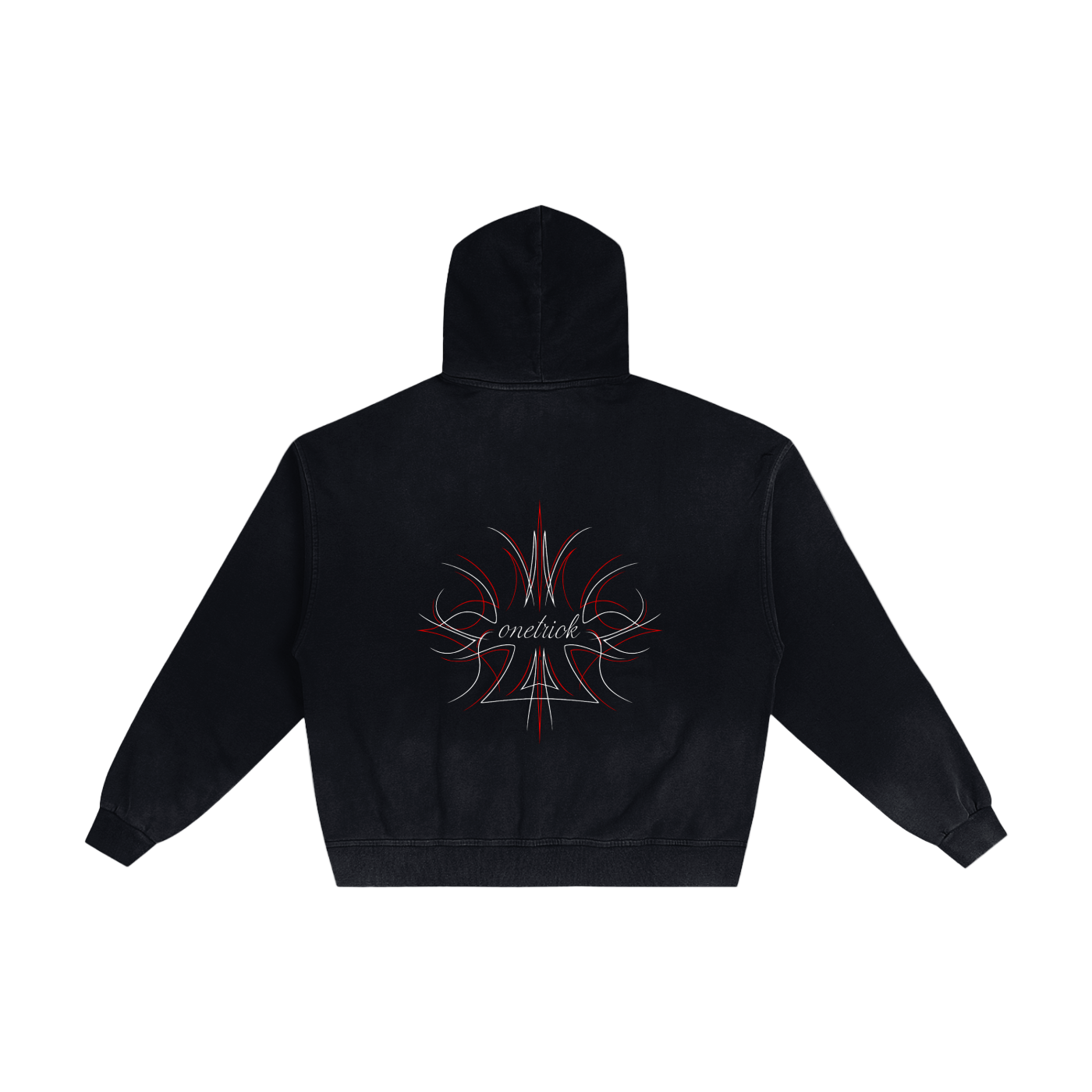 Black hoodie with a red and white design on the back against a white background