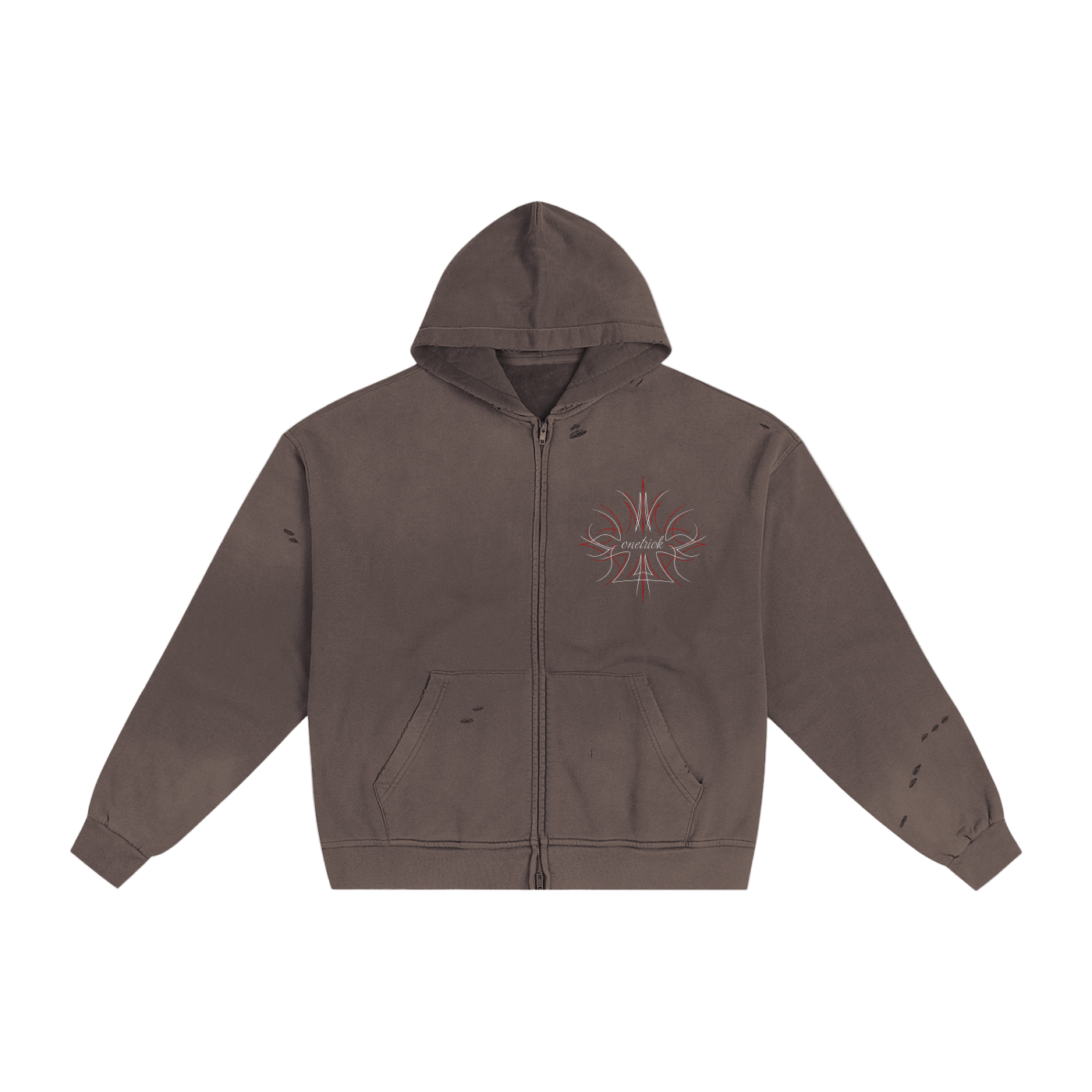 Brown hoodie with a logo on the chest against a white background