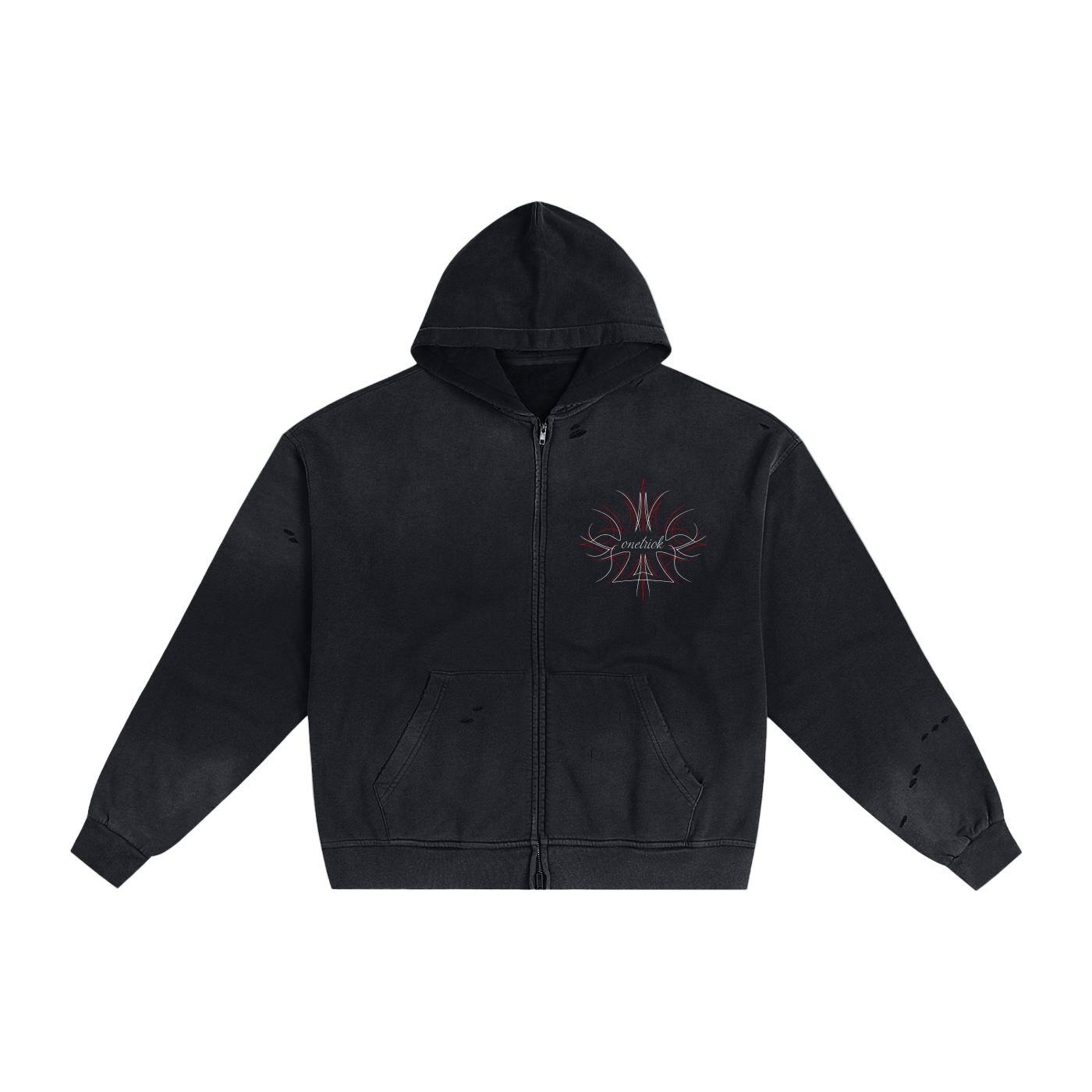 Black hoodie with a logo on the chest against a white background