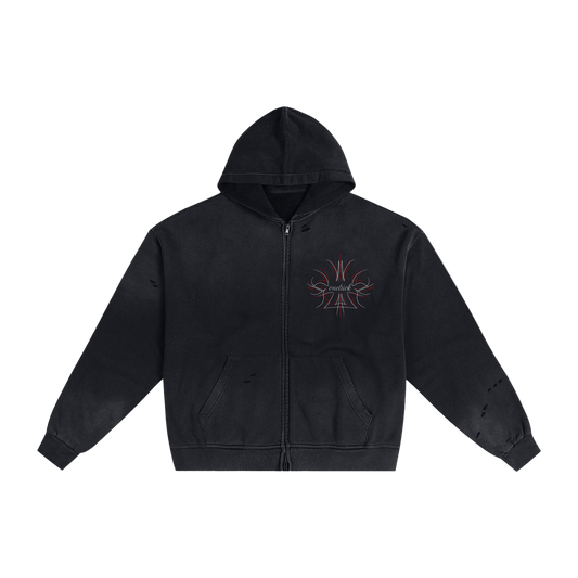 Black hoodie with a logo on the chest against a white background