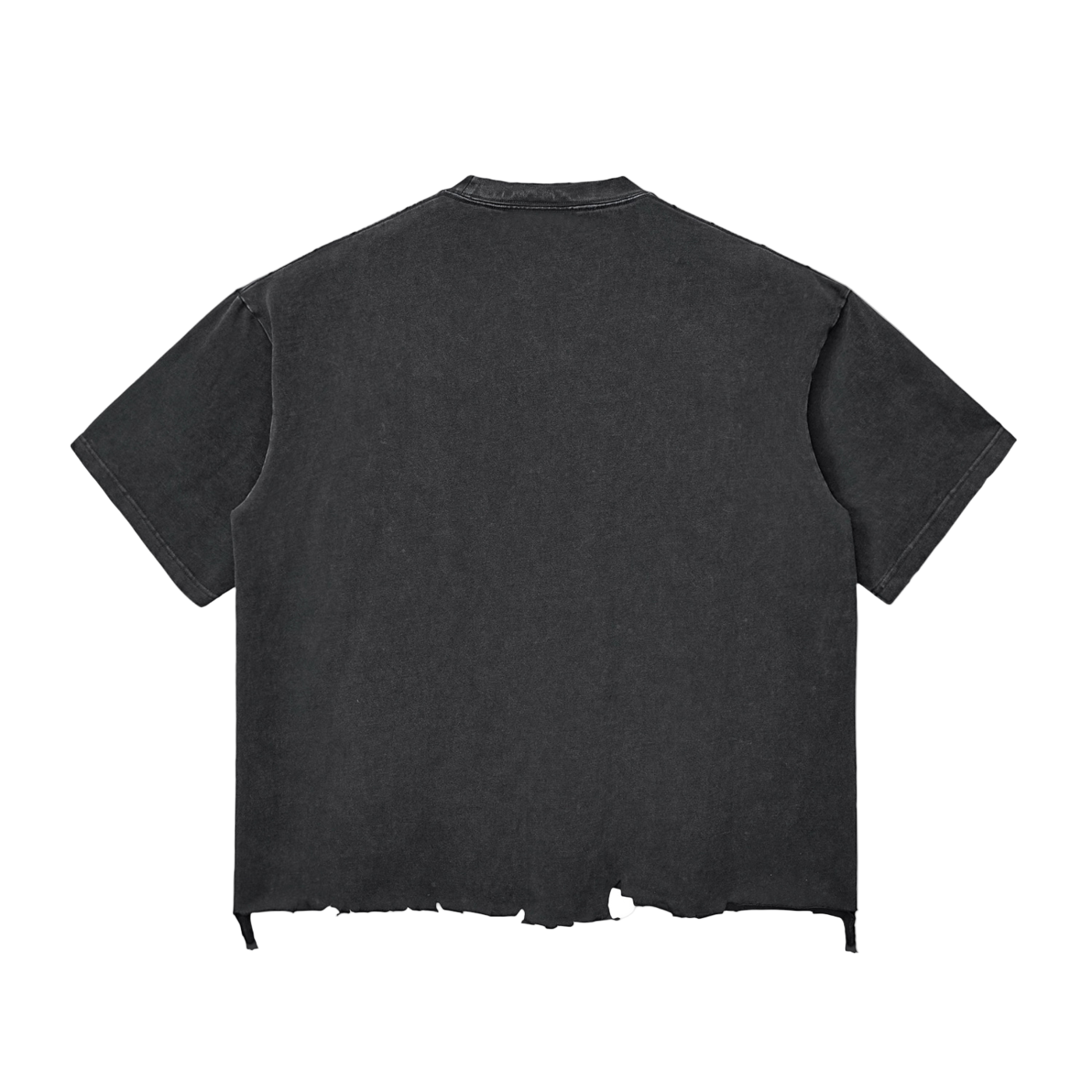 Black t-shirt with a distressed back design on a white background